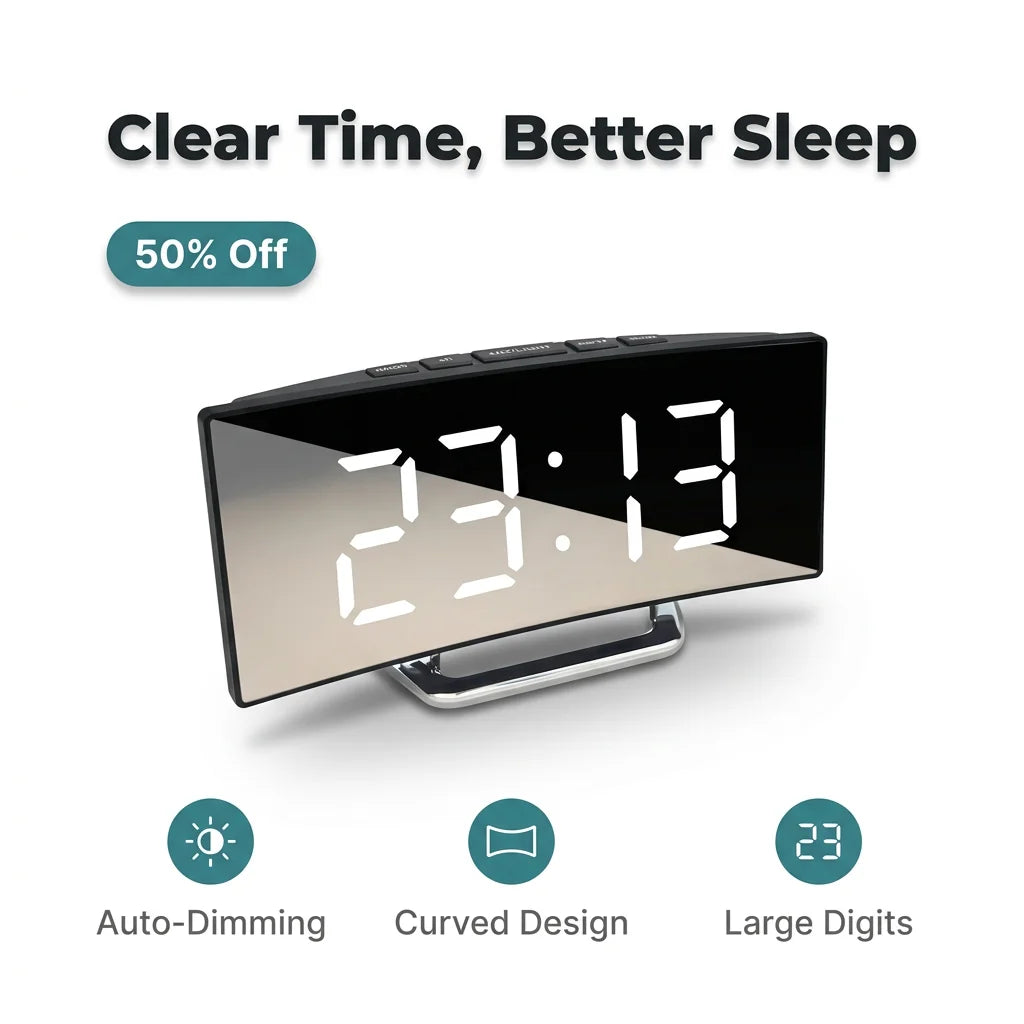 EasyTime™ - Bedside Alarm Clock with Auto-Dimming Curved LED Display